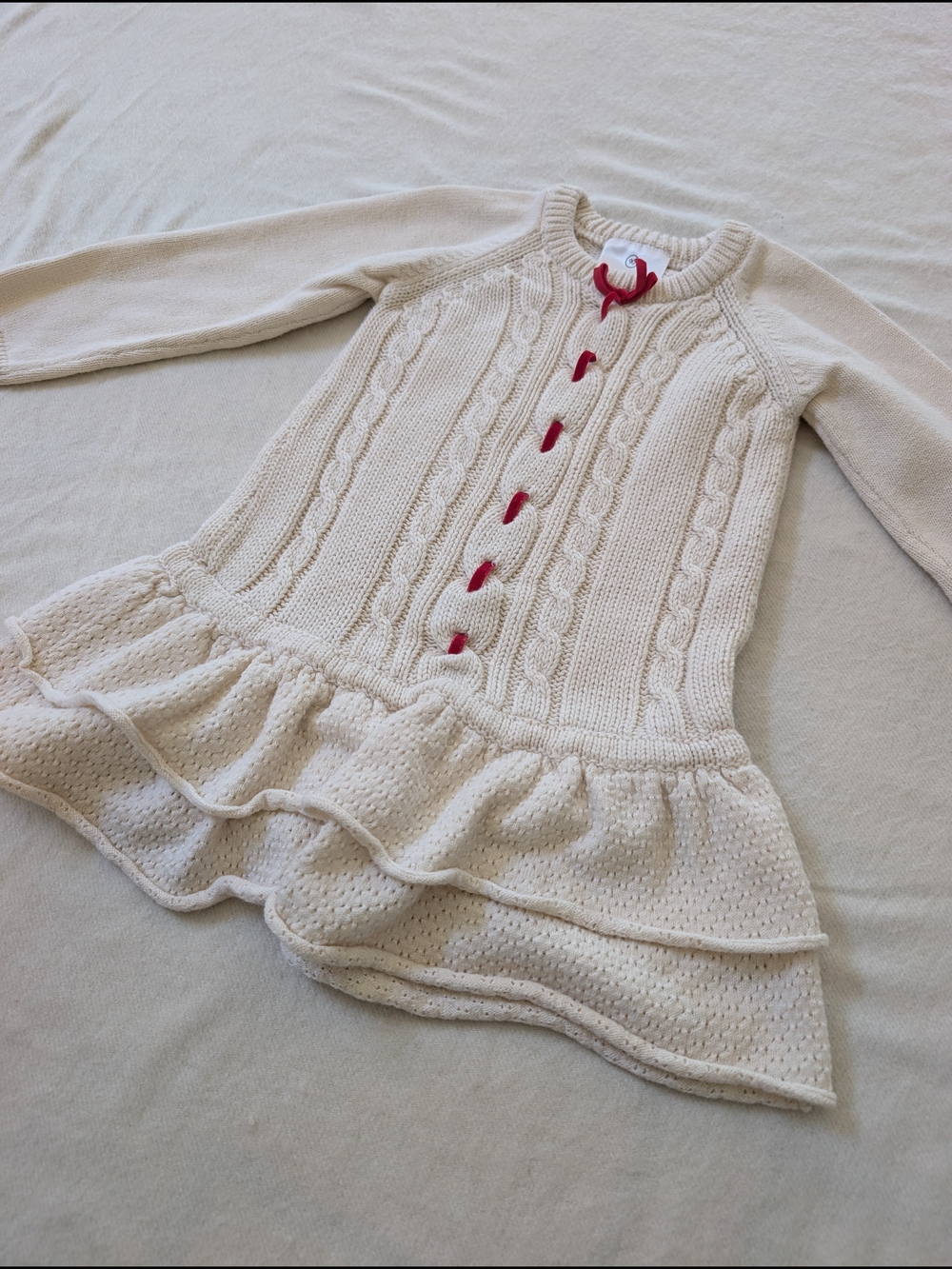 Hanna Andersson Merino and Cotton Cream Cable Knit Sweater with Red Ribbon
